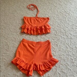 SHEIN Orange Ruffle Trim Shorts